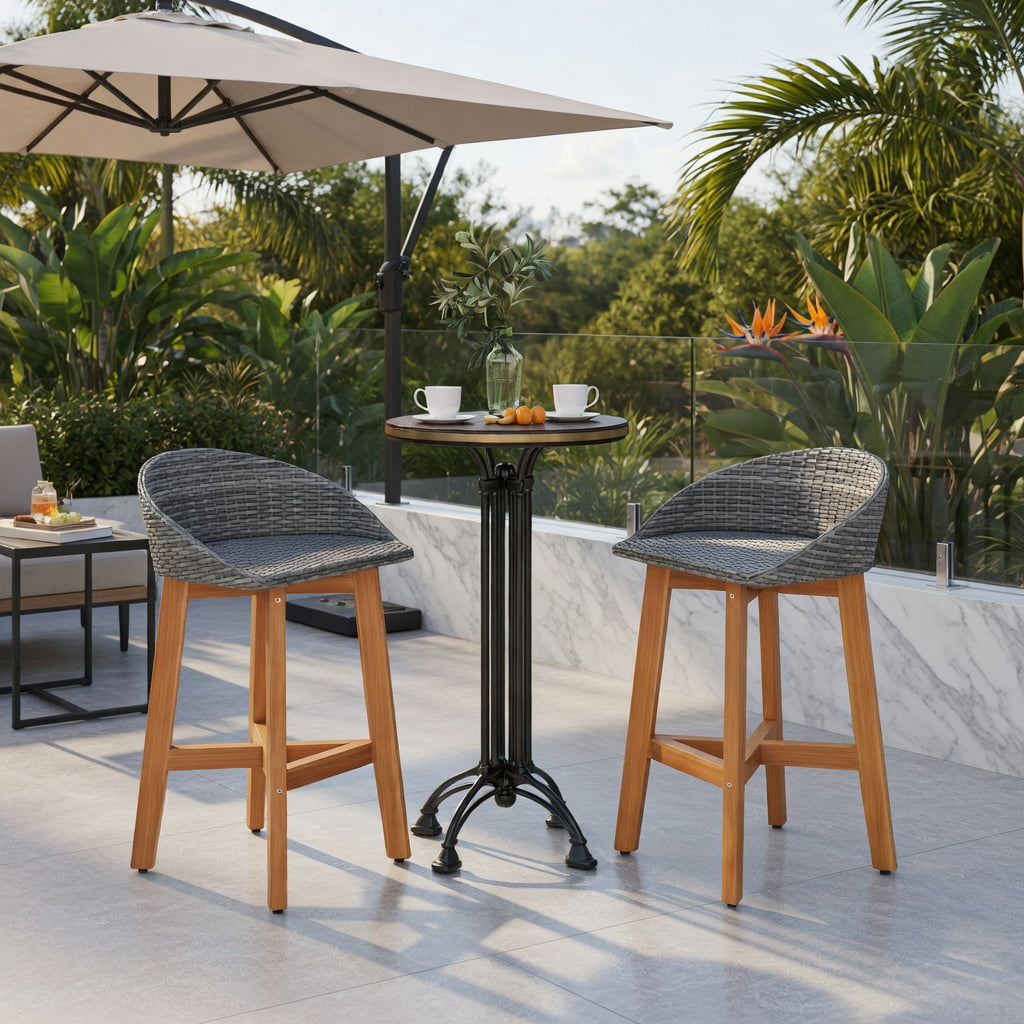 Hommoo 2-Piece Outdoor Bar Stool Set, PE Rattan & Solid Acacia Wood, Ergonomic Backrest, Footrest, Weather-Resistant, Natural
