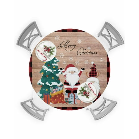 

Round Tablecloth with Elastic Merry Christmas Cute Gnome Xmas Tree Retro Wooden Planks Waterproof Table Cover Wipeable Fitted Table Cloths for 45 -54 Round Tables Dining Kitchen Indoor Outdoor Use