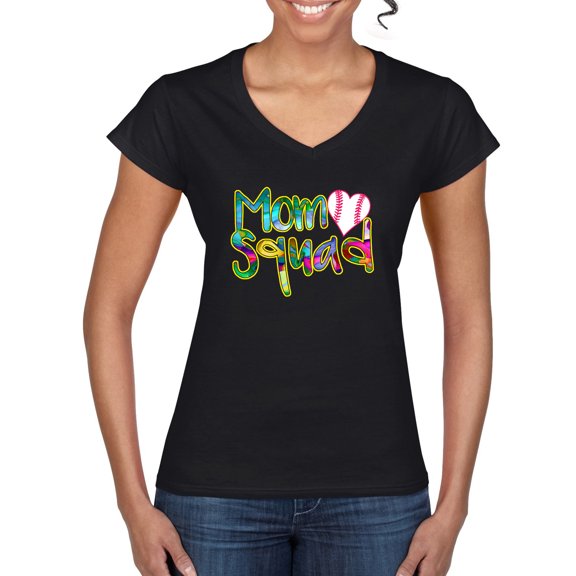 Wild Bobby, Colorful Baseball Mom Squad, Sports, Women Standard V-Neck Tee, Black, Small