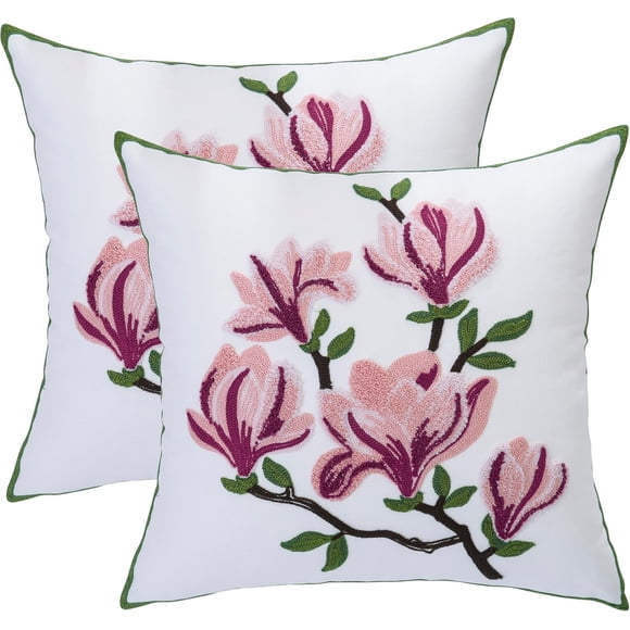 lkijhrd Embroidered Throw Pillow Covers 18x18 Inch  Pink Magnolia Flower Spring Pillowcases Farmhouse Canvas Square Cushion Covers for Living Room Sofa Bed
