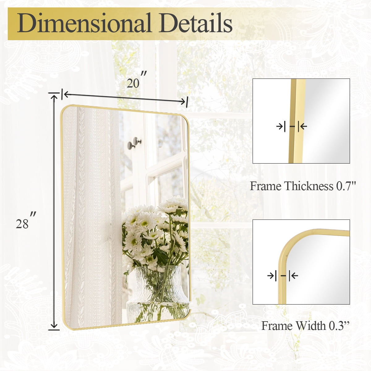 Gleamira 20"x28" Round Edge Rectangular Bathroom Mirror Wall Mounted, Gold