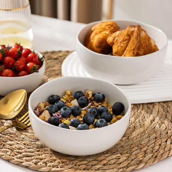 28oz Large Ceramic Soup Bowls Set of 4, Matte White with Wavy Rim, Oven, Microwave & Dishwasher Safe