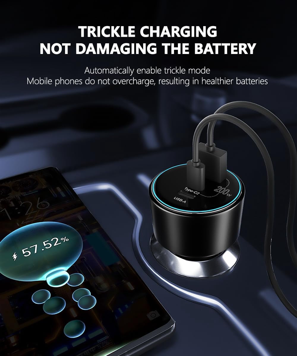 200W Car Charger, USB C Car Charger PD3.0 QC4.0 PPS Fast Charging Car Adapter with 2 100W USB C Cable 3 Port Type C Cigarette Lighter for Dell XPS, MacBook, iPhone 16 15 14, Galaxy S24 Ultra
