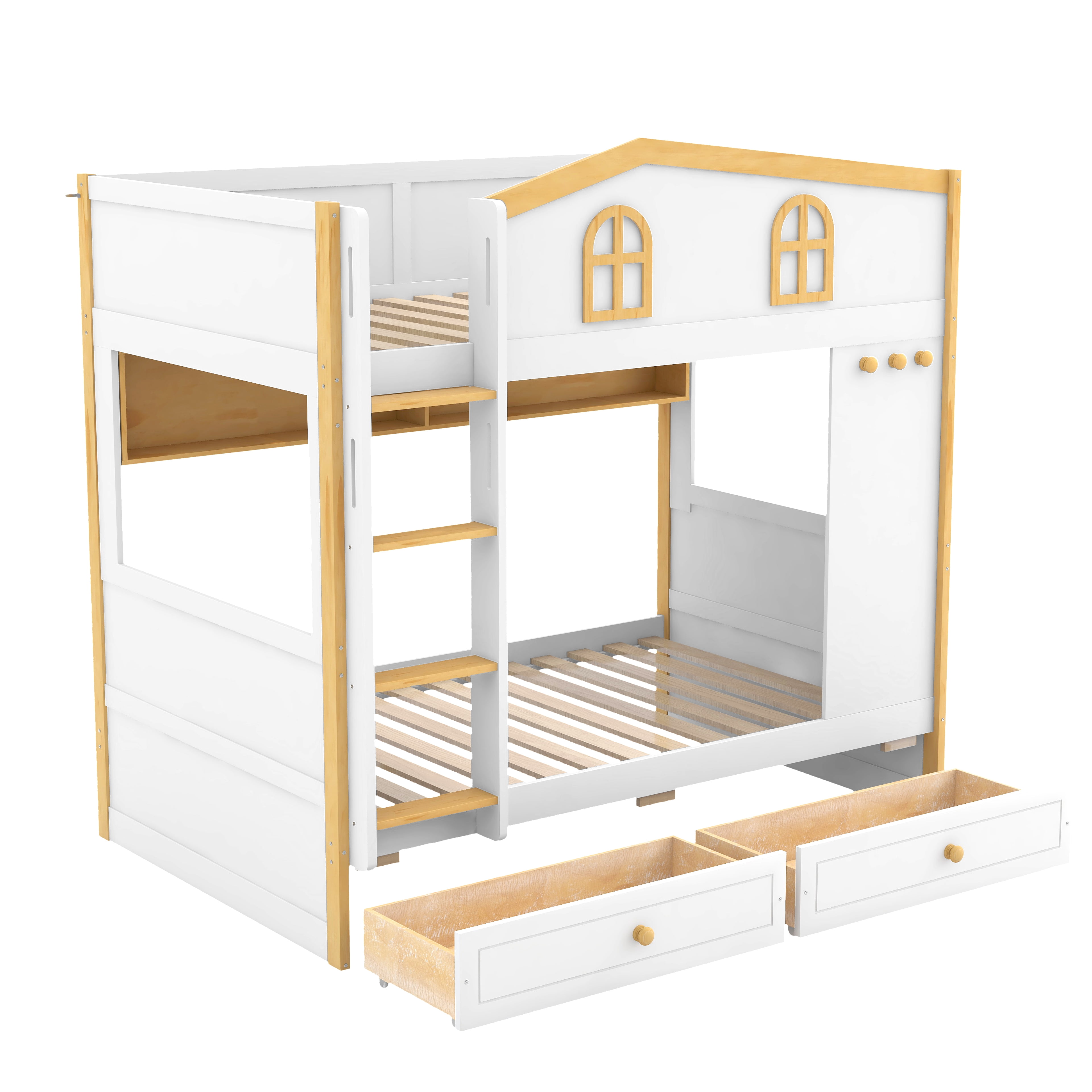 Euroco Wood Twin over Twin Bunk Bed with Shelves and Drawers, House Bed with Guardrails, White