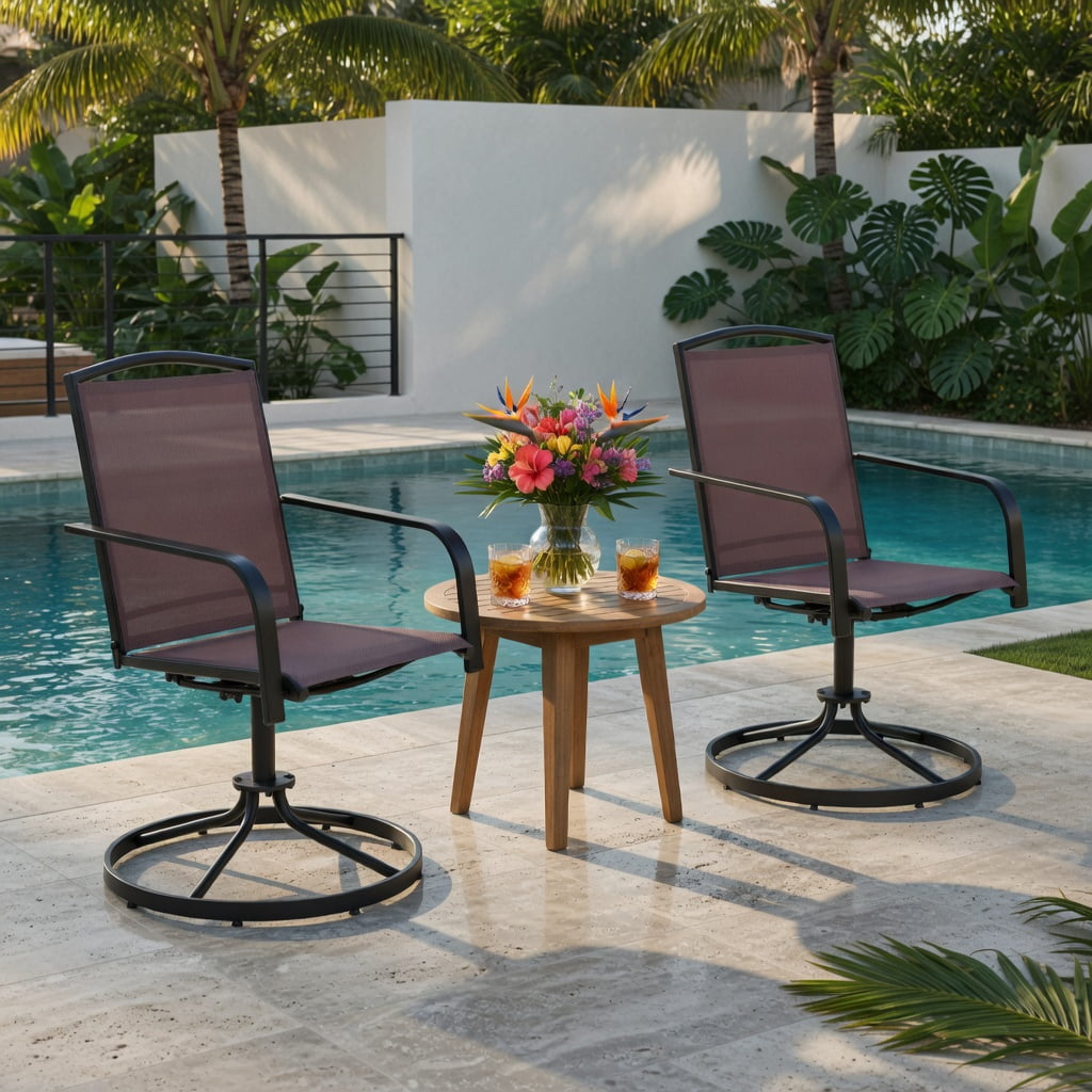 Hommoo 2-Piece Outdoor Swivel Chairs Set, High-Back Metal Patio Chairs with Breathable Mesh Seat, 360° Rotation & Gentle Rocking, Brown