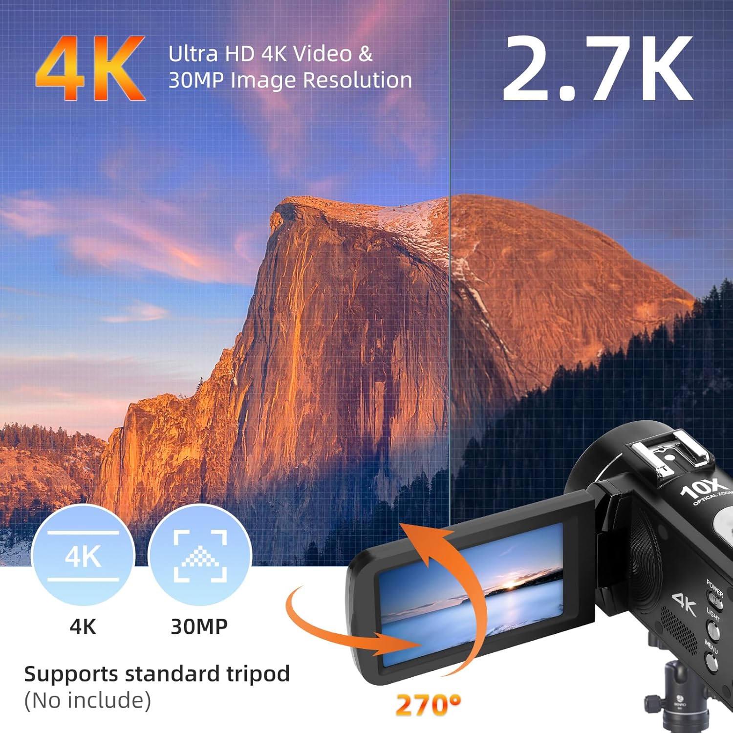 ORDRO Video Camera 4K Digital Camcorder 10X Optical Zoom 30MP Vlog Camera for YouTube Photography