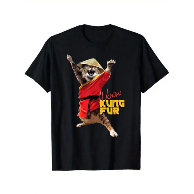 Funny Kung Fu Cat T-Shirt For Martial Arts Fans - "I Know Kung Fur" Graphic, Cotton, Short Sleeve, Comfort Fit, Casual Summer Tee For Boys & Girls, Casual Summer Wear | Trendys Casual Top | Medium St