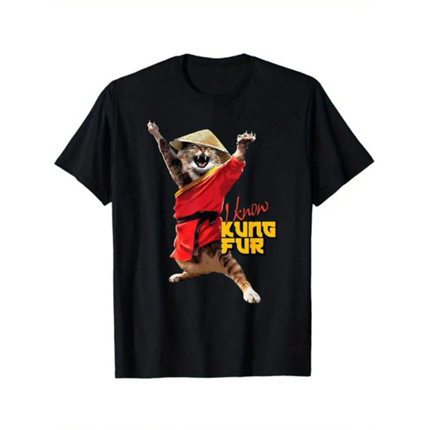 Funny Kung Fu Cat T-Shirt For Martial Arts Fans - "I Know Kung Fur" Graphic, Cotton, Short Sleeve, Comfort Fit, Casual Summer Tee For Boys & Girls, Casual Summer Wear | Trendys Casual Top | Medium St