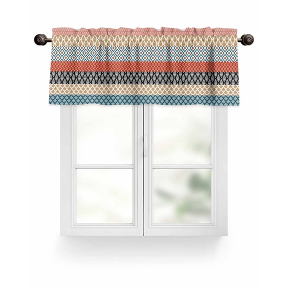 Orange Teal Boho Kitchen Valances for Windows Bohemian Geometric Pattern Valance Curtains for Kitchen /Living Room/Bedroom/ Bathroom Decor, 42"x12 " ,Rod Pocket 1 Panel,