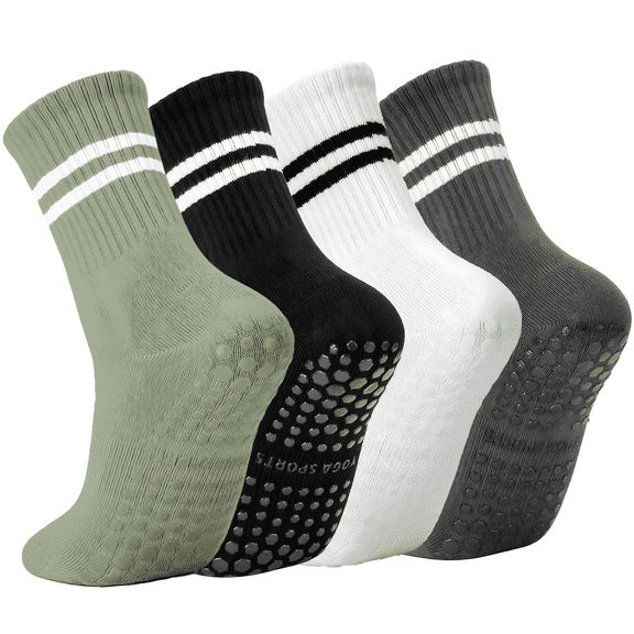 YOMYM 4 Pairs Non Slip Pilates Socks with Grips for Women, Crew Grip Socks for Yoga, Barre, Hospital, Barefoot Workout