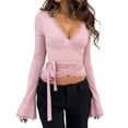 thumbnail image 3 of Tqyyweavej Womens Tie Side Wrap Tops Lace Long Flare Sleeve Crop Cardigan Yoga Ballet Deep V Neck Cover up Tops Pilates Outfits, 3 of 5