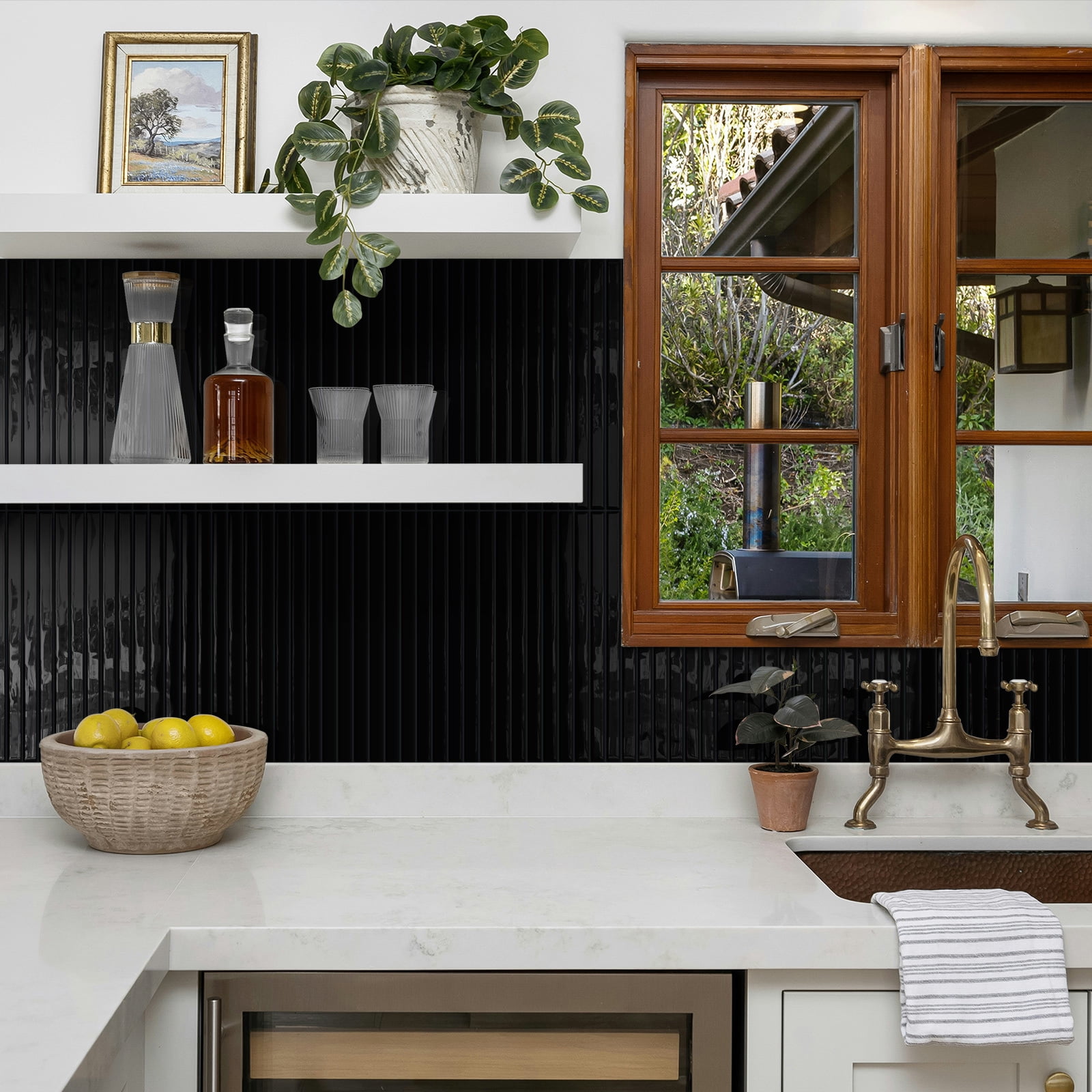 DEWOO 10-Sheet Upgraded Thick Peel and Stick Kitchen Backsplash Tiles,Waterproof Premium Self-Adhesive Wall Tile Stick on Backsplash for Kitchen,Bathroom and Fireplace(Black,12"×12")