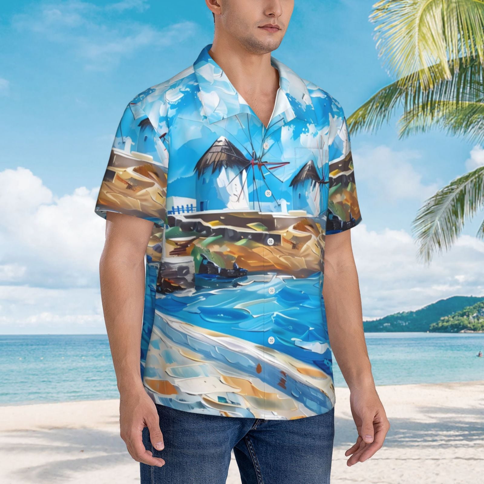 Logiee Greek Island Windmills Painting Print Mens Hawaiian Shirts,Loose-Fit Short Sleeve Button Down Tropical Aloha Beach Shirt,Summer Vacation Wedding Tops,