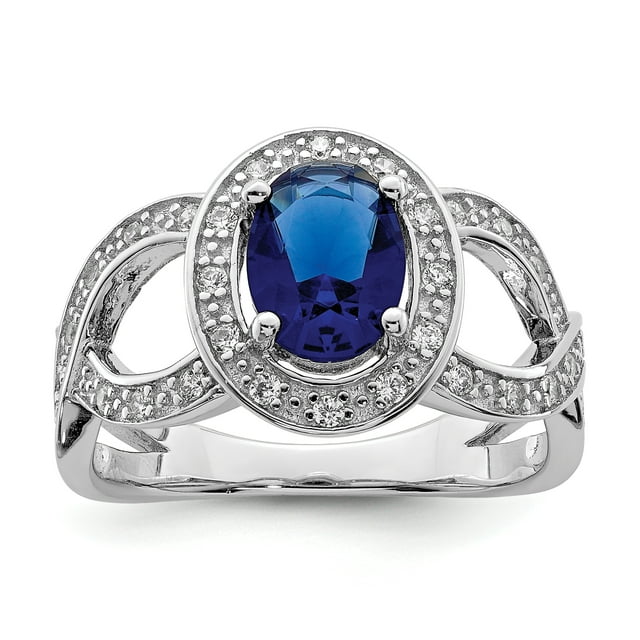 925 Sterling Silver Dark Blue Glass and Cubic Zirconia Ring