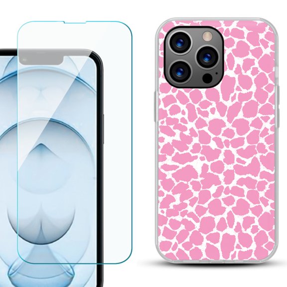 Slim-Fit Gel TPU Phone Case for iPhone 13 Pro Max, with Tempered Glass Screen Protector, by OneToughShield ® - Giraffe/Pink