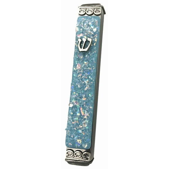 Mezuzah en Verre Art Scintillant - Montage Facile Intérieur Ou Extérieur - Boîtier en Métal Résistant aux Intempéries - Boîte Cadeau et Rouleau Non Casher Inclus - Fabriqué à la Main aux États-Unis - Garantie à Vie! (Bleu Opale)