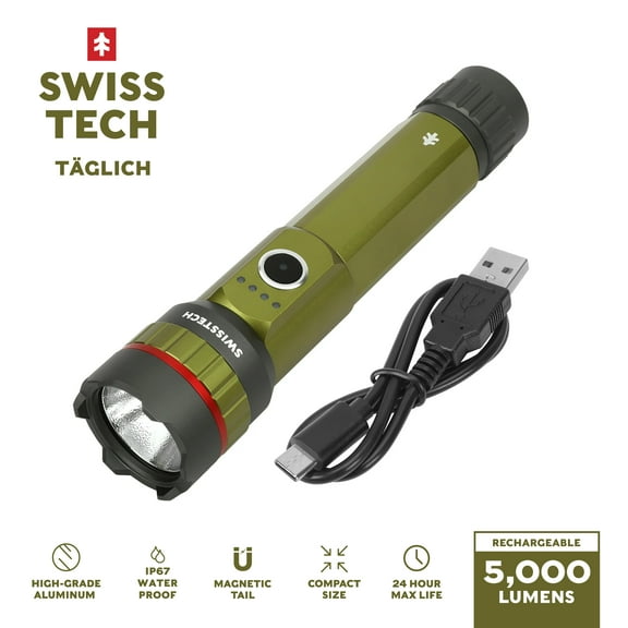 Swiss Tech 5000 Lumen Rechargeable LED Flashlight with IP67 Waterproof Magnetic Tailcap