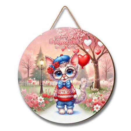 Happy Valentine’s Day Adorable Devon Rex Kitten Holding Heart Balloon Round Wood Sign Cat Lover Kitten Owner Gifts Hanging Wall Home Decor - 00030