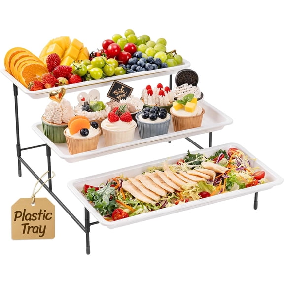 3 Tier Serving Tray, 36 x 17 cm/14 x 6.5 White Plastic Tiered Food Serving Platters, Tiered Tray Stand for Party with Black Collapsible Metal Stand, Dessert Display Stand for Cookies/Crackers