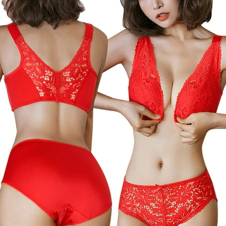 

Ladies Solid Color Lace Thin Front Button Underwear Gathering Side Closed Rim Beauty Back Bra Underwear Set Ladies Bralette Fitness Everyday Lingerie