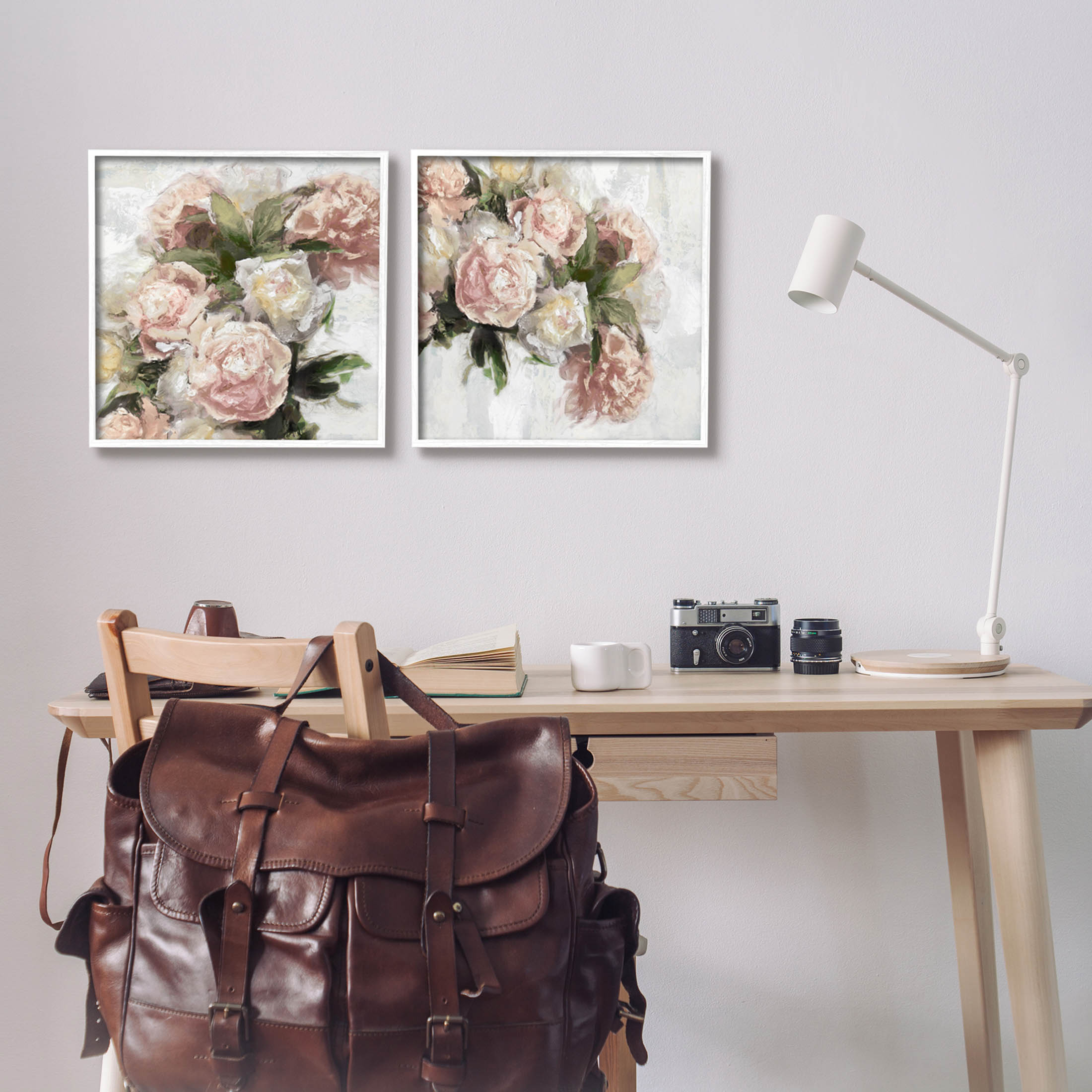 Traditional Peony Blossoms Arrangement Botanical & Floral Graphic Art White Framed Art Print Wall Art, Set of 2
