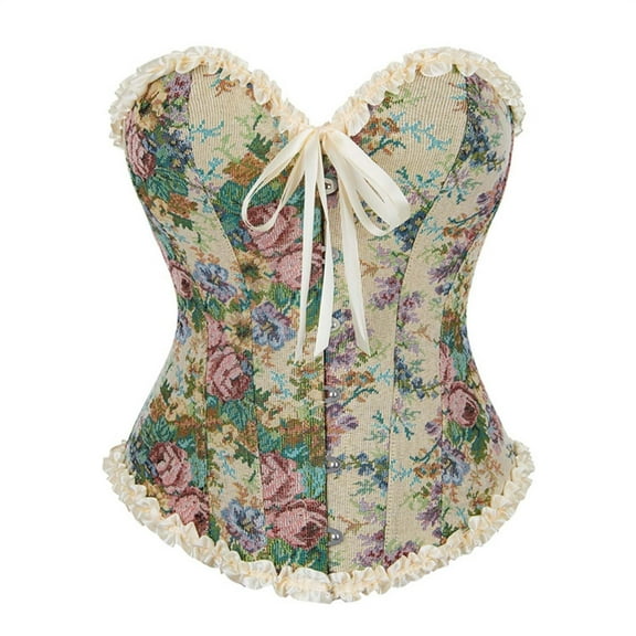 Floral Brocade Lace Trim Corset Bustier for Women Vintage Sweetheart Neckline Overbust Corset with Ribbon Bow Front Closure Beige L
