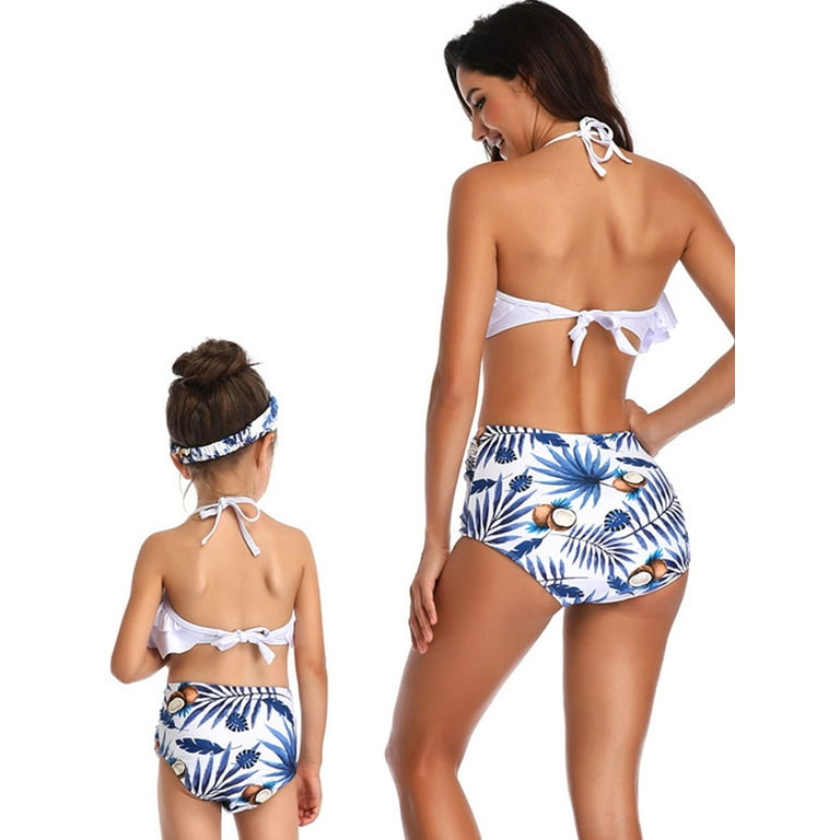 Family Matching Swimwear Mother Daughter Women Kids Girl Bikini Set  Beachwear Bathing Suit Swimsuits Beachwear Push-Up Bra Bandage White Blue  Tankini Set 