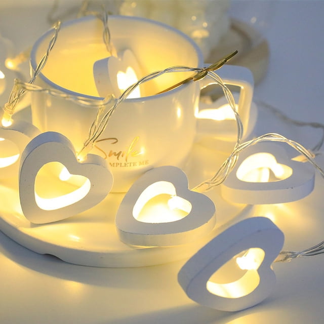 Cadena de luces de madera con forma de corazón para el día de San Valentín, luces LED colgantes de madera con forma de corazón, funciona con pilas, luces decorativas para dormitorio, vacaciones, cumpleaños, boda (blanco, 40 luces) oso de fresa Electrónica
