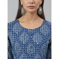 thumbnail image 7 of Janasya Indian Women's Blue Cotton Block Print Flared 3/4 Sleeve Round Neck Kurta, 7 of 7