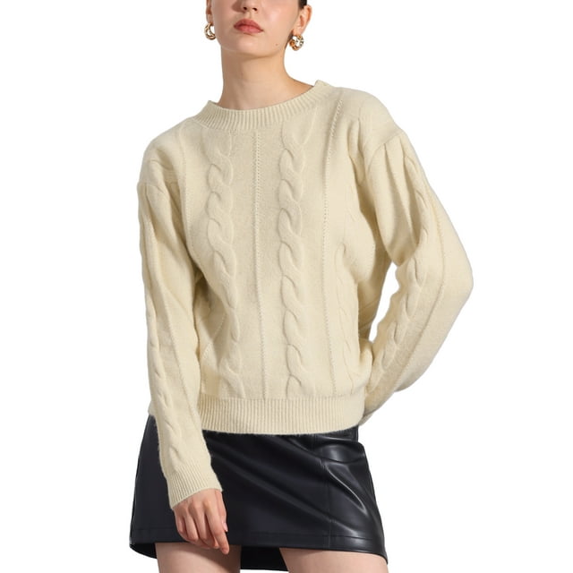 INSPIRE CHIC Suéter de Pullover de Manga Larga para Mujer, Tejido de Cable, Cuello Redondo, Beige S