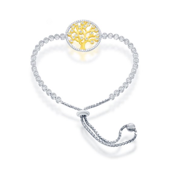 Silver Roots Gold-plated Sterling Silver Adjustable Tree of Life Clear CZ Bolo Bracelet