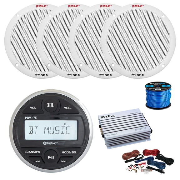 JBL PRV-175 Marine Gauge Mount USB Bluetooth AM/FM Digital Stereo Receiver, 4-Channel Amplifier w/Install Kit, 4X 6.5" 400 Watt 2-Way Dual Cone Full Range Audio Speakers (White) w/ Wire