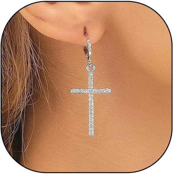 Dainty Silver Cross Earrings Vintage Cubic Zirconia Cross Hoop Earrings Lightweight Geometric Huggie Drop Earrings Jewelry Accessory for Women Wife