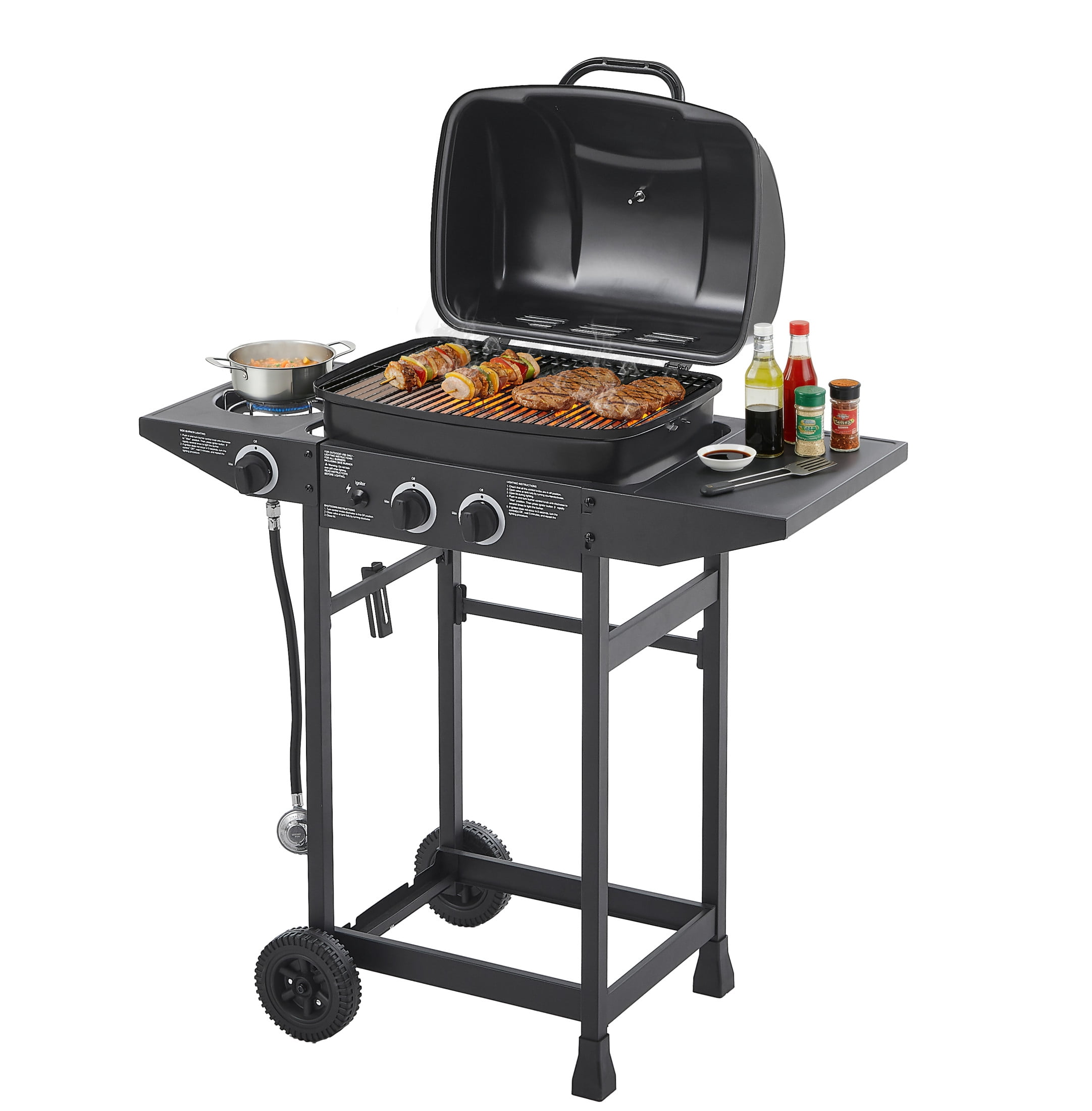 Noble House 2-Burner Propane Gas Grill with Side Burner, Steel BBQ Grill, Side Tables for Outdoor Cooking, Black