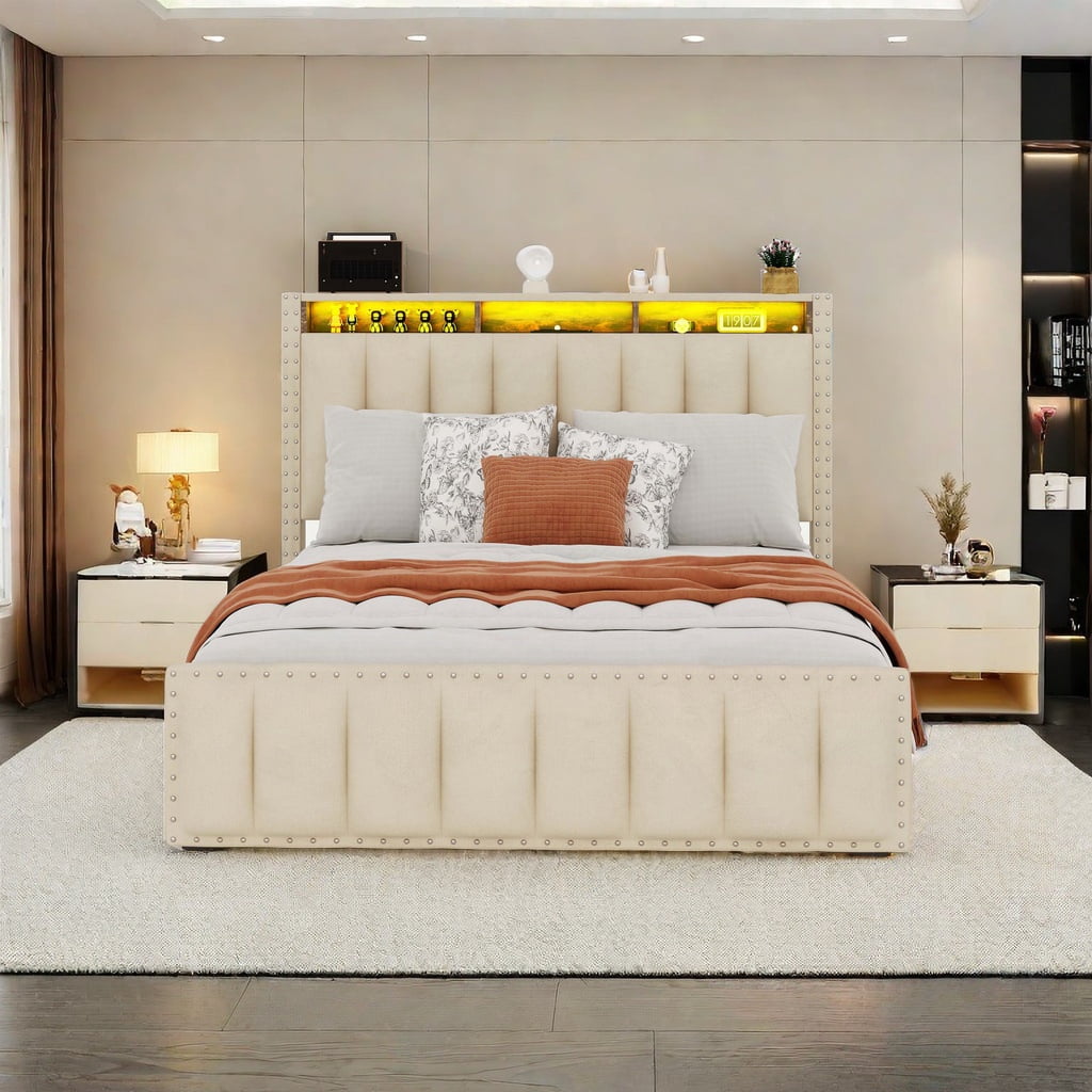 Uforic Full Size LED Upholstered Platform Storage Bed Frame with Drawers and Charging Station, Beige