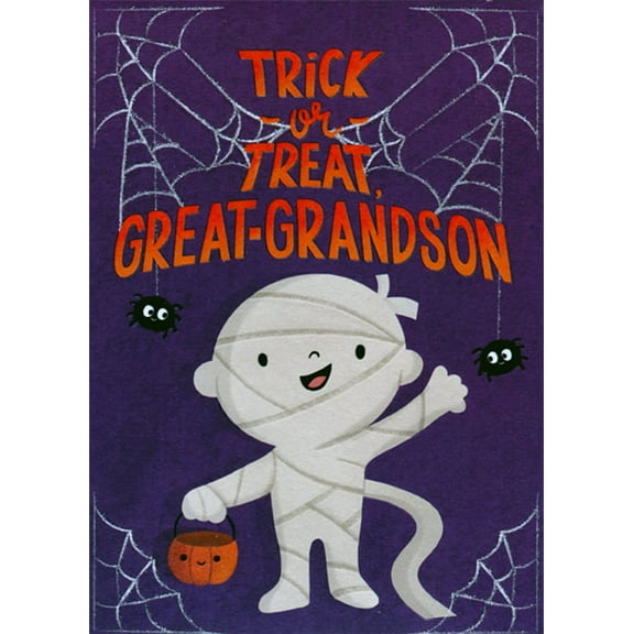 Designer Greetings Mummy and Sparkling Spider Webs on Purple Juvenile Halloween Card for Great-Grandson