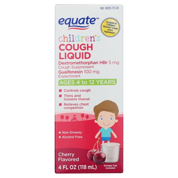 Equate Children's Cough Dextromethorphan HBr and Guaifenesin Liquid, Cherry Flavor, 4 fl oz