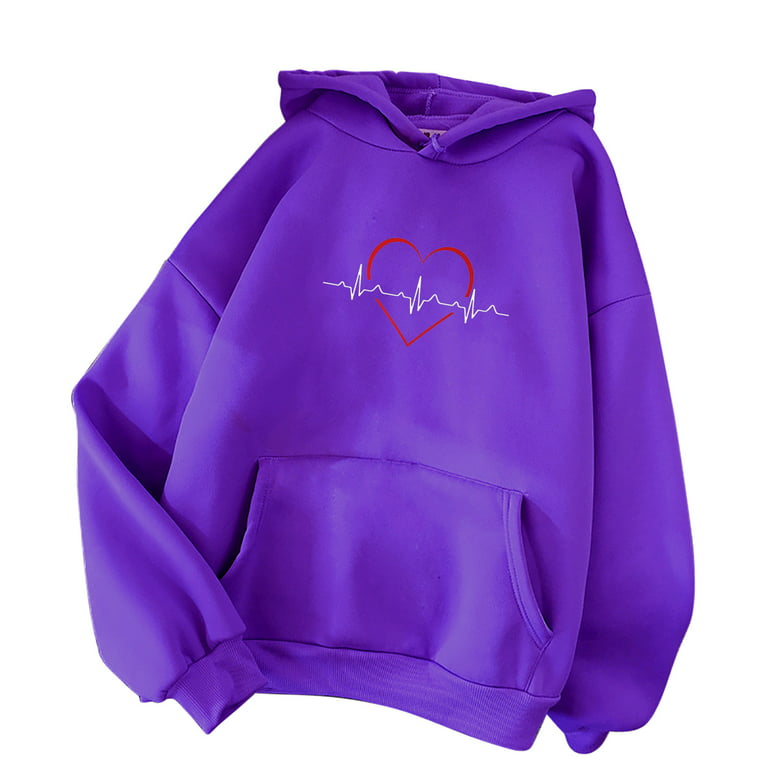 Olyvenn Womens Oversize Drawstring Hoodie Tunic Sweatshirts Raglan Sleeve  Long Sleeve Tops ECG Love Heart Tees Hooded Neck Kangaroo Pocket Casual  Boyfriend Style Loose Blouse Purple 10 
