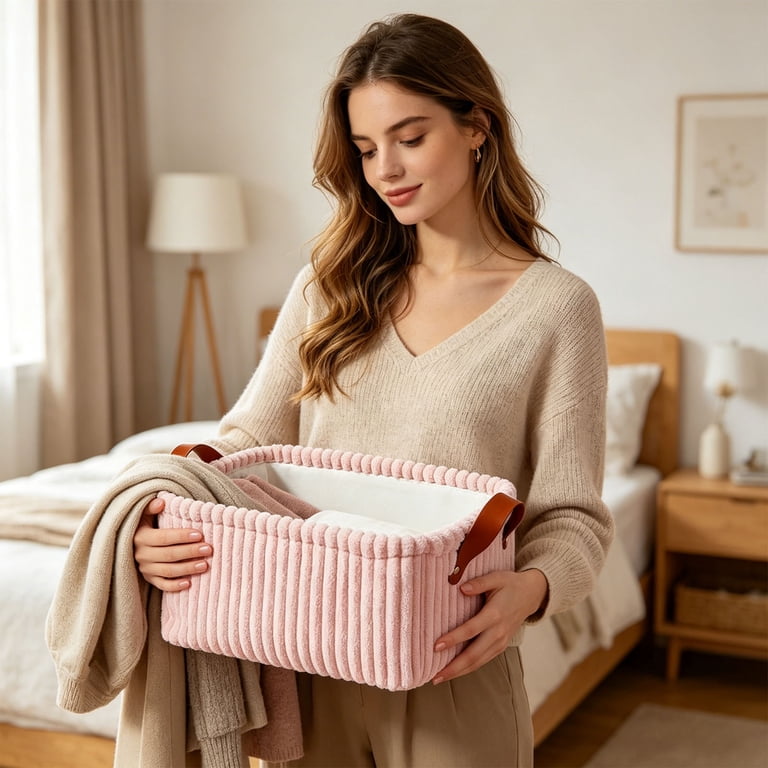 Corduroy Storage Basket Leather Handle Organizer Bin • Soft Fabric