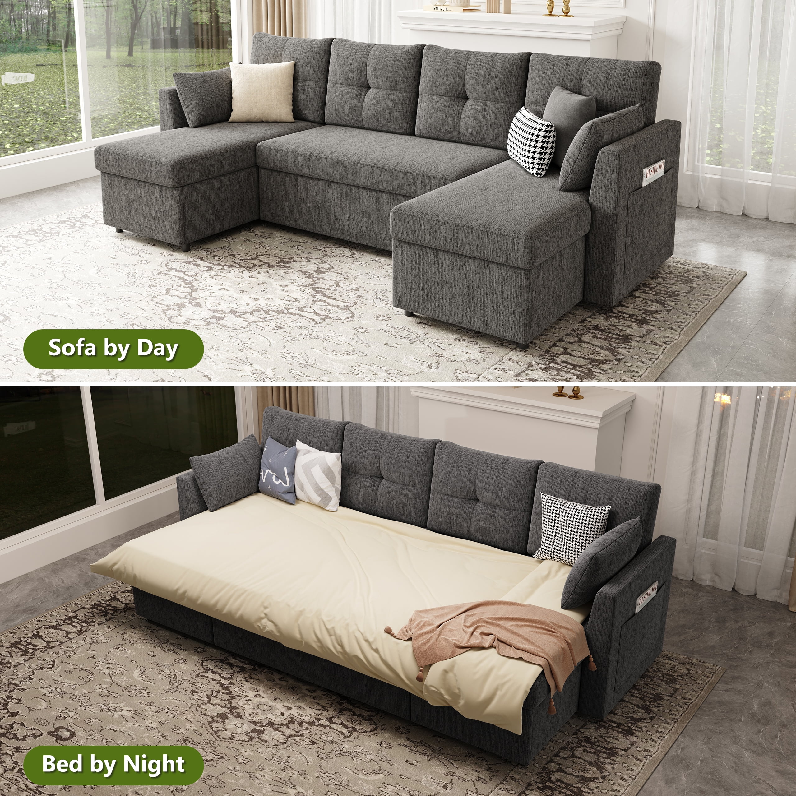 Mangodan 110 inch Sectional Oversized Sleeper Sofa with Side Pocket , Pullout Couch Bed with Double Storage Chaise, Dark Grey