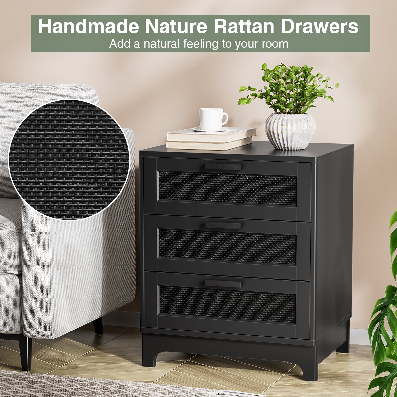 Eumyviv Tall Bedside Nightstand with 3 Drawers, Rattan Wood, Black