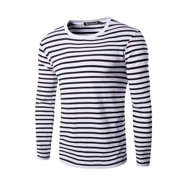 INSPIRE CHIC T-Shirt pour Homme à Rayures Col Rond Manches Longues Chandail Haut 46 Noir et Blanc
