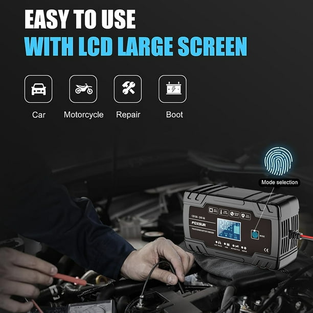Cargador de batería de coche digital 12V 24V 8A Mantenedor de batería digital Reparación de pulso de 3 etapas para GEL de plomo-ácido AGM