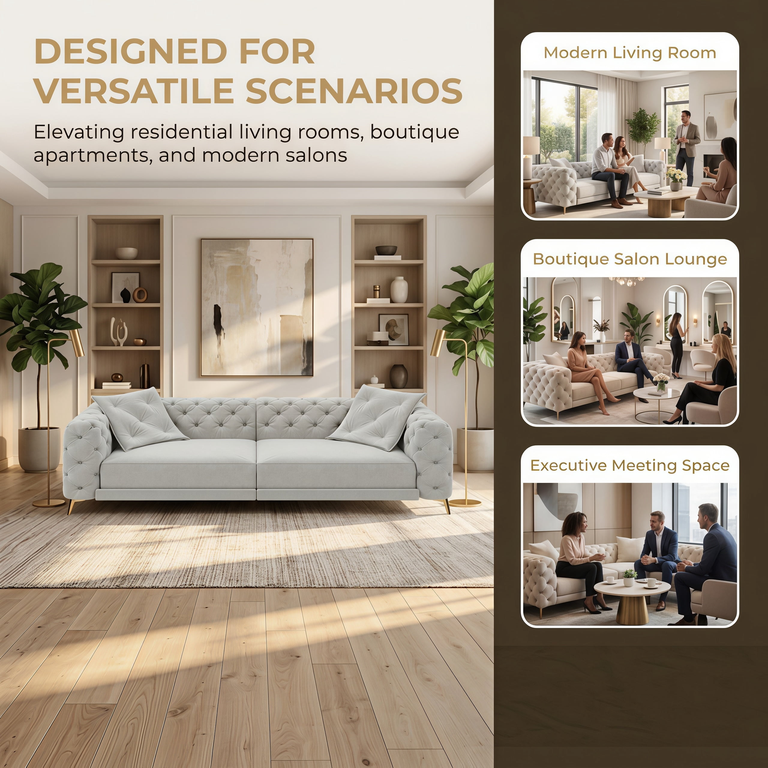 3-in-1 Velvet Sleeper Sofa Bed, 97.7" Modern Button Tufted Convertible Pull Out Couch with Gold Metal Legs & Deep Seat for Living Room, Light Gray