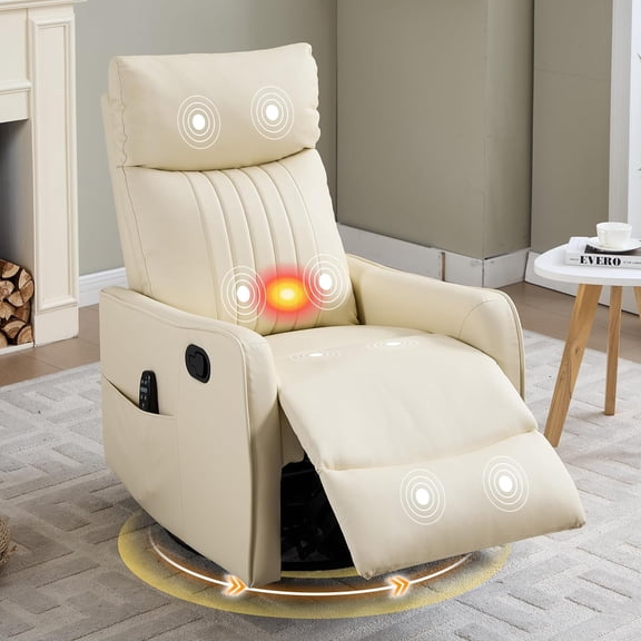 Ywen Manual Swivel Rocker Recliner Chair for Adults, Overstuffed Glider Chair for Nursery with Massage and Heat, Living Room Reclining Chair, Faux Leather Light Yellow
