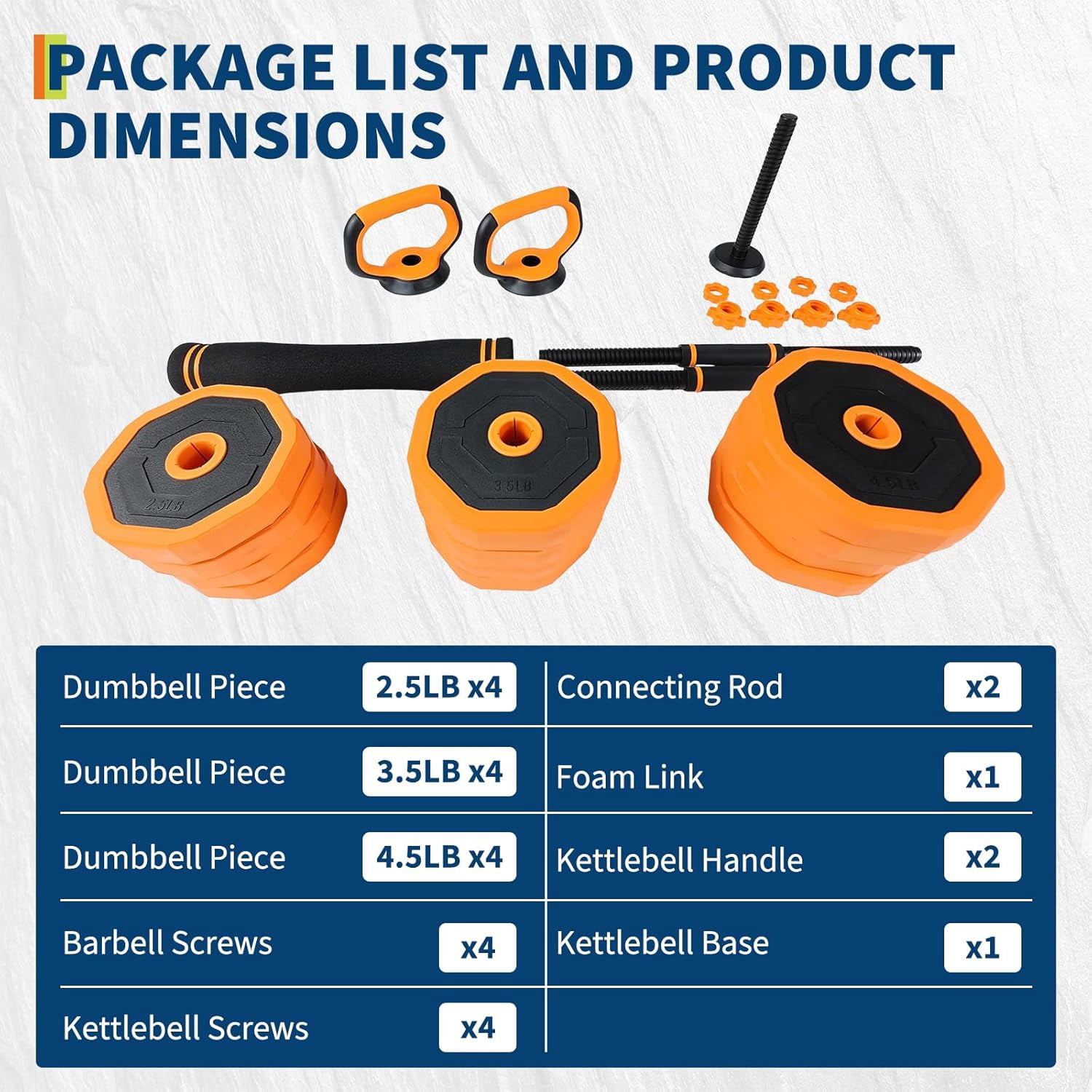 Adjustable Dumbbell Set, 44 LBS 4-In-1 Home Gym Weights with Connector As Dumbbell, Kettlebell,Barbell for Strength Training, Full Body Workout