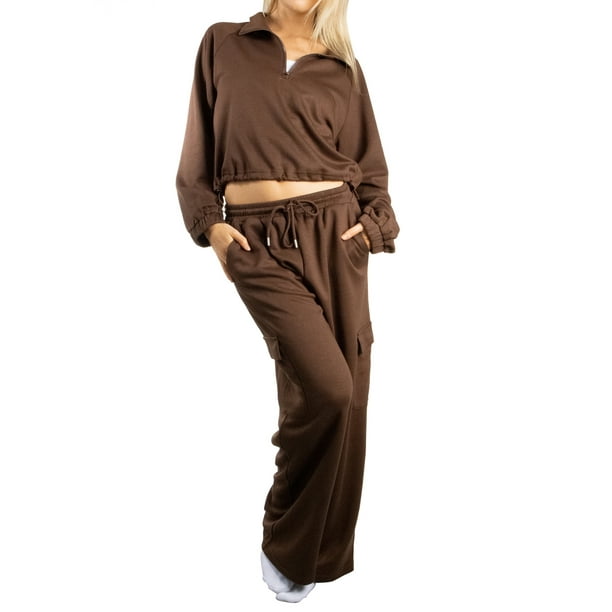 Jess por Meiko Conjuntos de Ropa para Mujeres, Sudadera de Manga Larga con Media Cremallera y Conjunto de Pantalones Cargo L Marrón