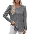 thumbnail image 2 of Yuyuzo Womens Round Neck Ruffle Shoulder Long Sleeve Striped Solid Color Tops Fall Casual Tops, 2 of 5