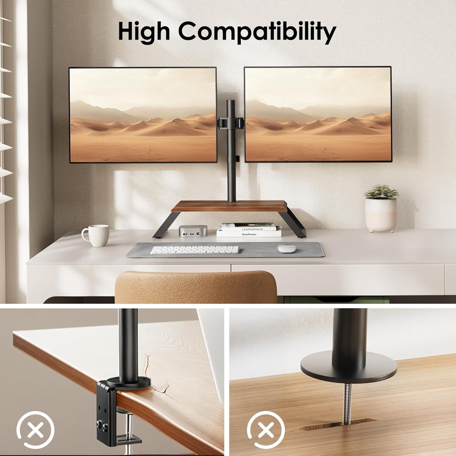 Dual Monitor Stand Riser for 12-27 Inch Screens, Freestanding Adjustable Mount with Wood Platform, VESA 75x75/100x100mm, Holds  to 22lbs Each Arm