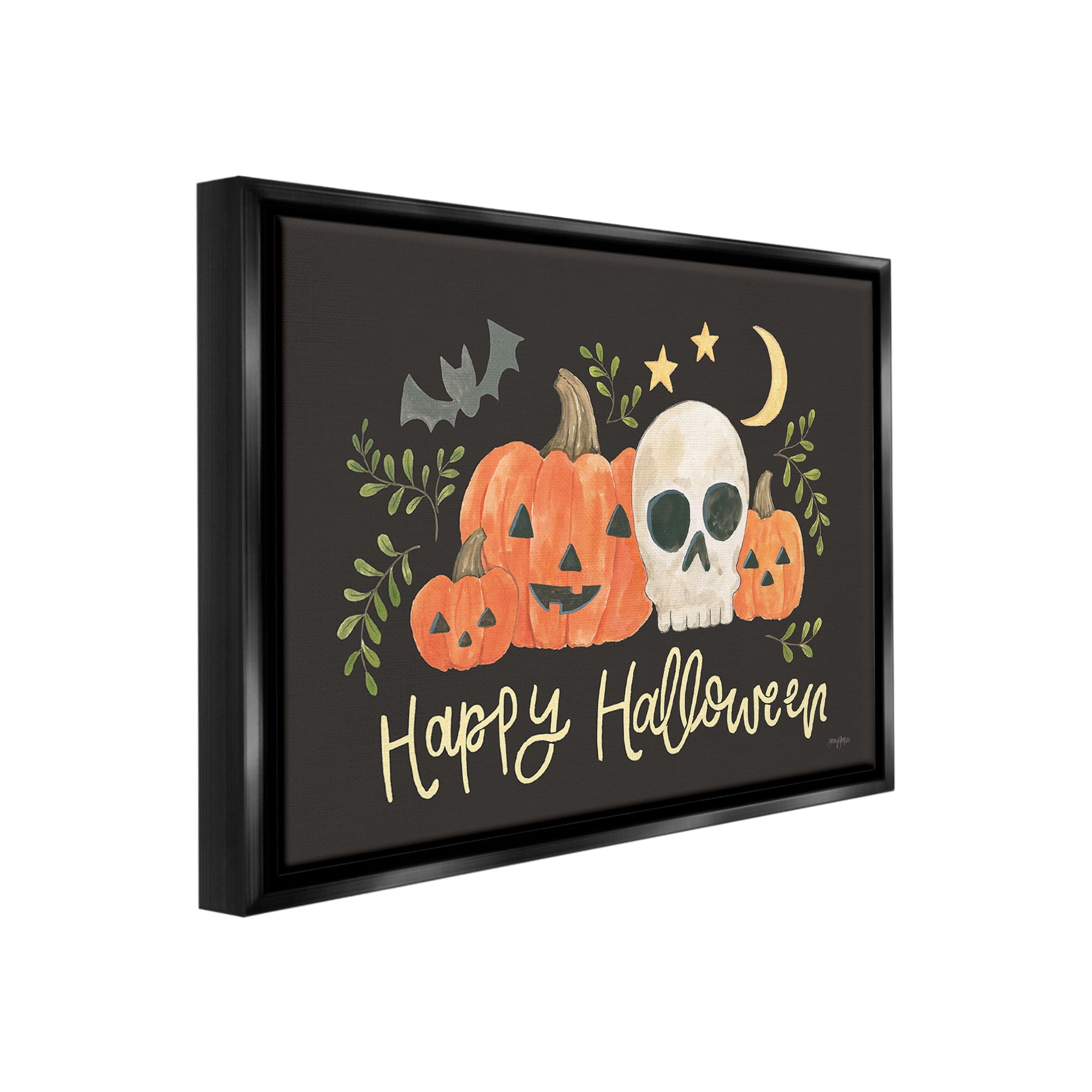 Stupell Industries Whimsical Happy Halloween Holiday Painting Black Floater Framed Canvas Art Print Wall Art, 31 x 25